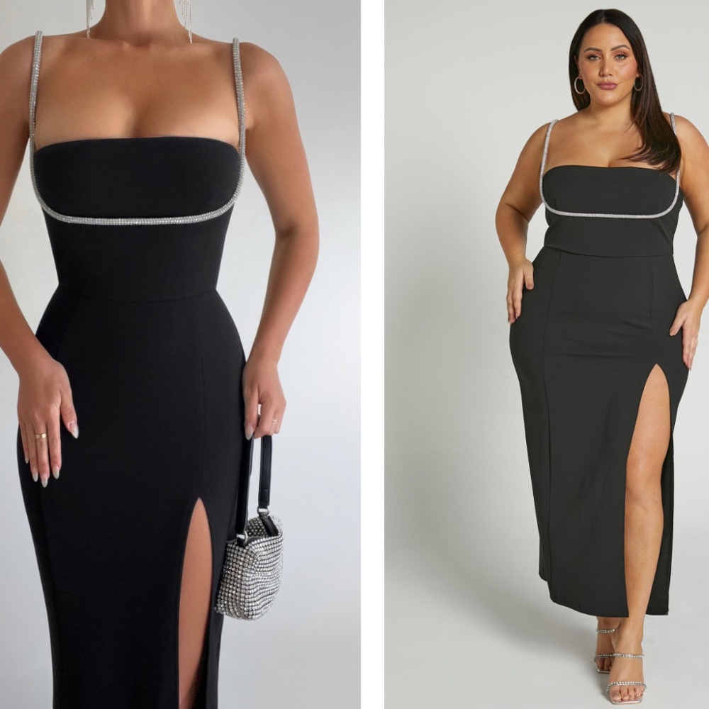 Shirley Midi Dress - Diamanté detail pencil dress in black
